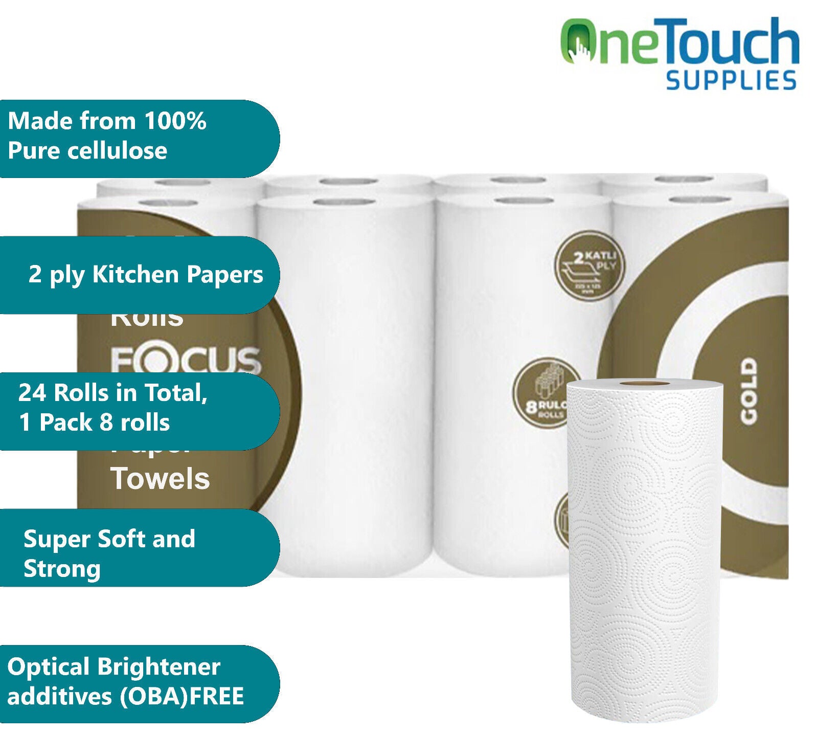 Kitchen Rolls Paper Towels Super Strong White 2 Ply Embossed Absorbent 24 Rolls