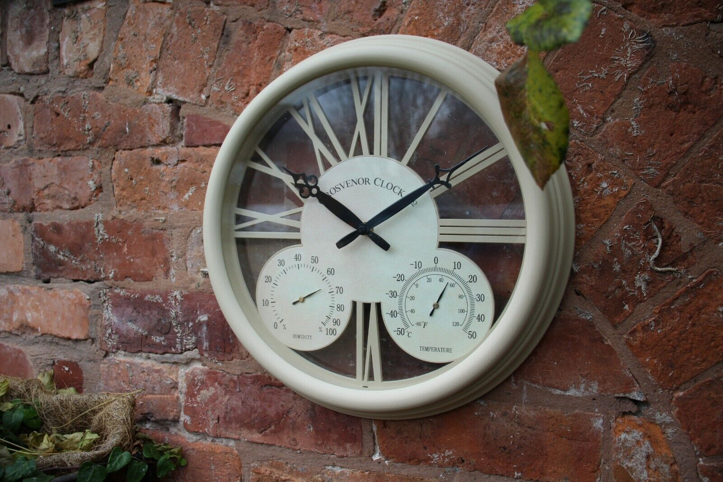 Outdoor Garden Station Wall Clock Thermometer & Humidity 38Cm Cream