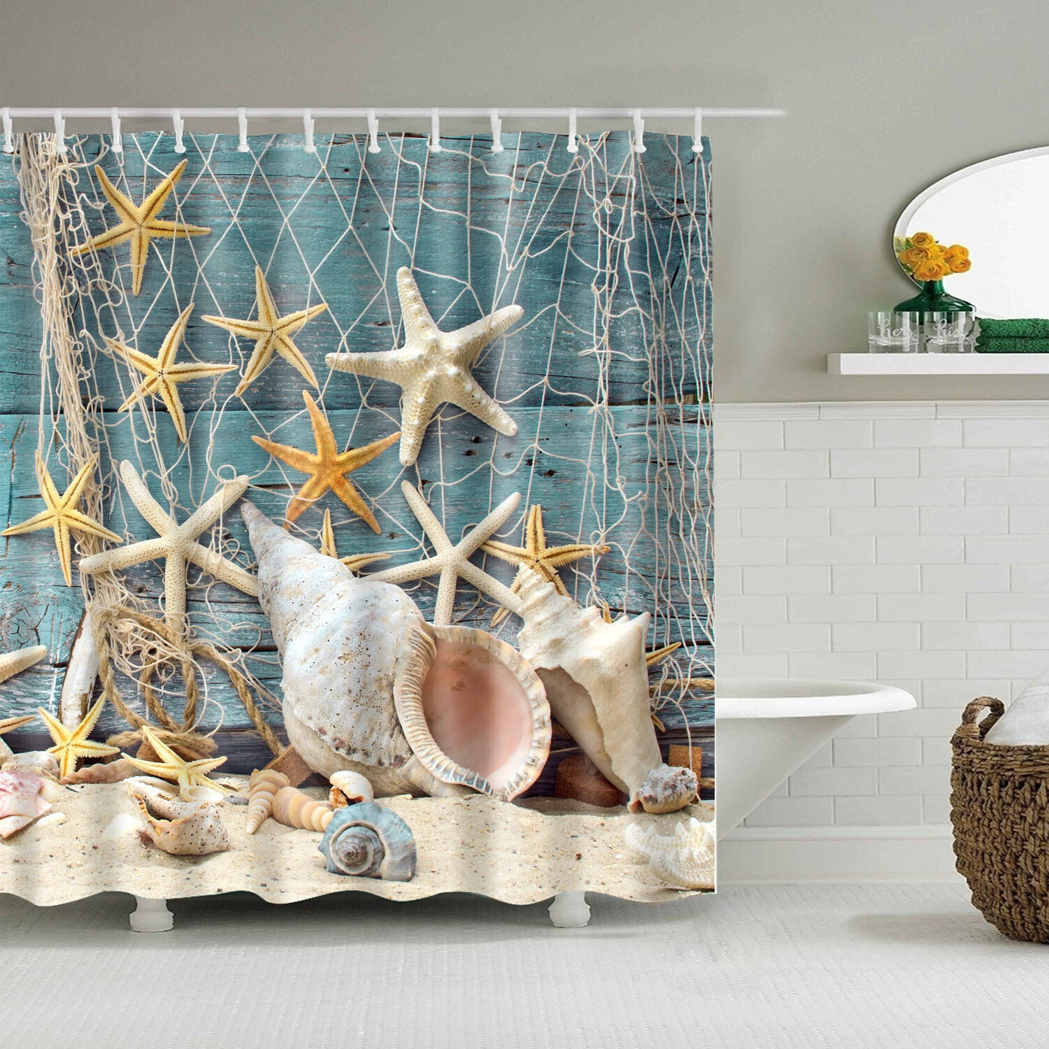 Beach Starfish Ocean Print Shower Curtain Toilet Bathroom Waterproof 12 Hooks