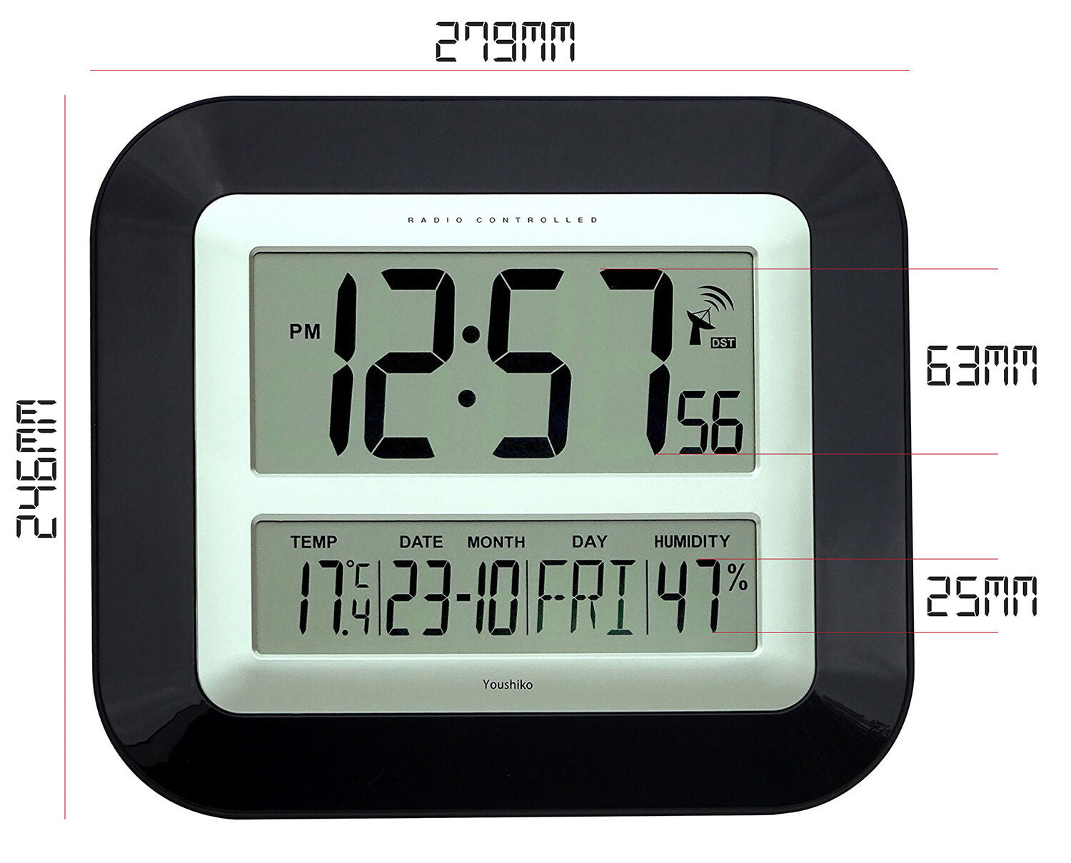 Jumbo LCD Radio Controlled Wall Clock with Temperature and Humidity Display