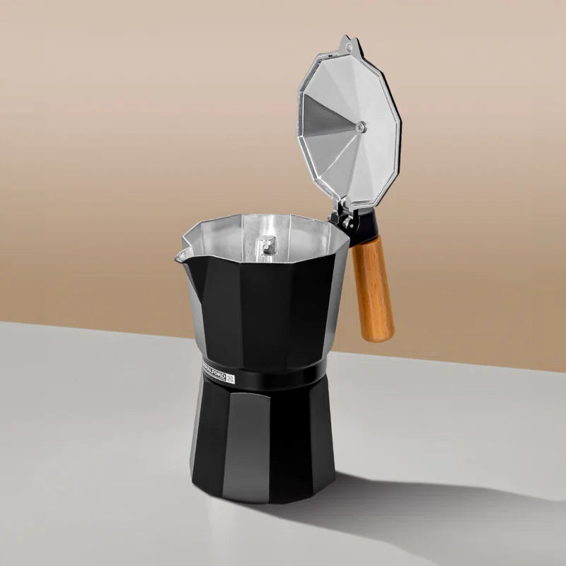 Italian Espresso Coffee Maker Stovetop Moka Pot (6 Cups/300Ml)Traditional, Wooden Handle & Knob, Aluminium, Black