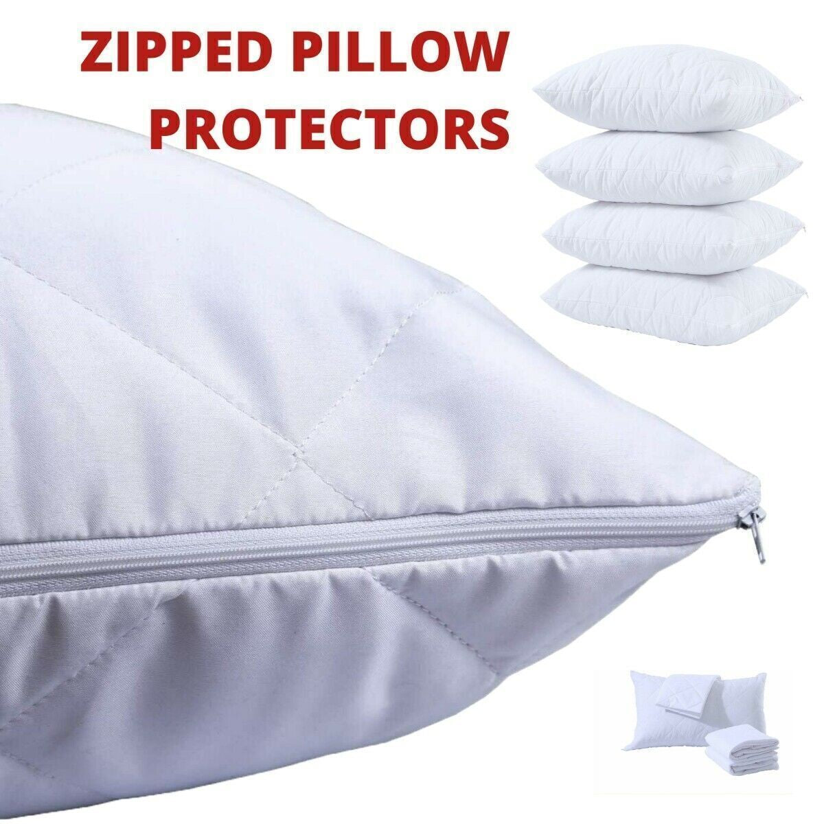 Pack of 4 Zipped WATERPROOF QUILTED Pillow Protectors Hypoallergenic Soft Covers