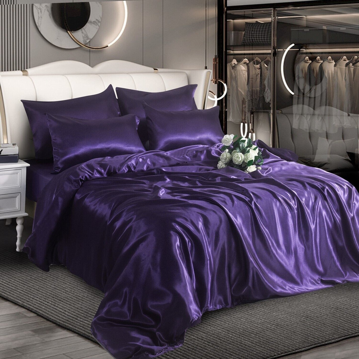 ROOEE 6PCS Satin Silk Complete Bedding Set Fitted Sheet Duvet Cover Pillow Cases