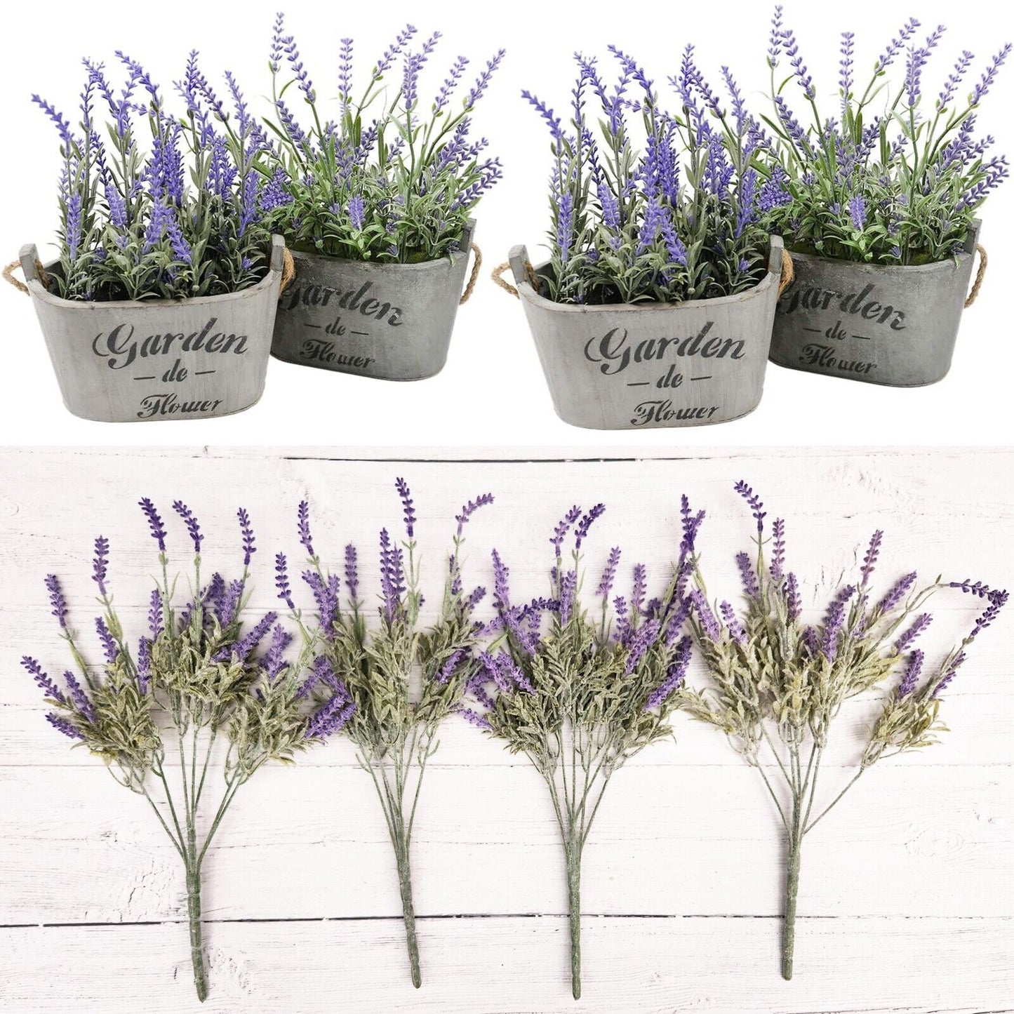 Artificial Lavender Flowers in Bundles Fake Silk Faux Lavender Plant Wooden Pots