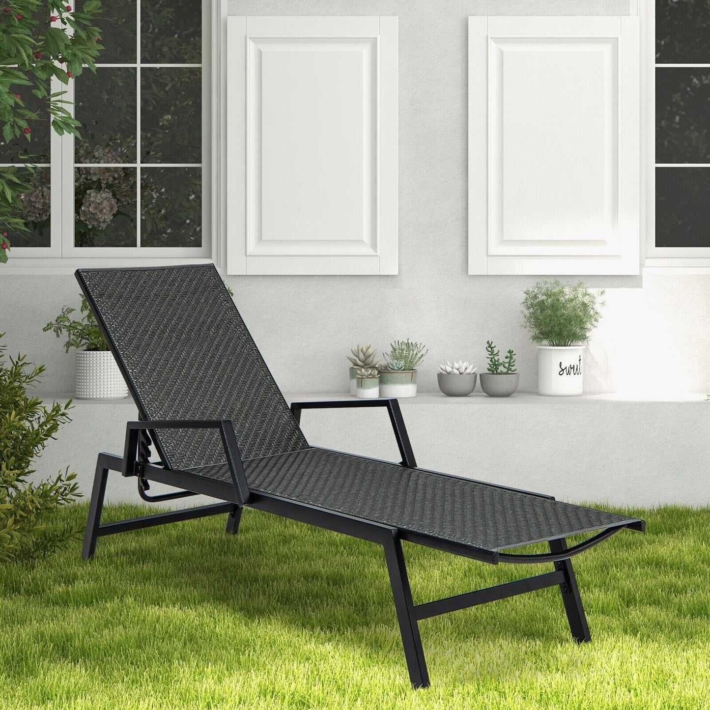 COSTWAY Wicker Outdoor Chaise Lounge Adjustable Rattan Garden Lounge Chair