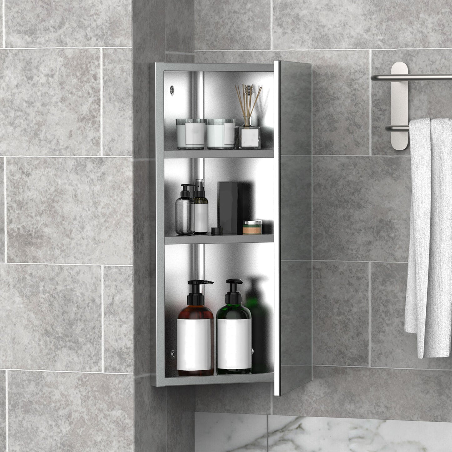 HOMCOM Bathroom Corner Wall Mirror Storage Cabinet Cupboard Stainless Steel