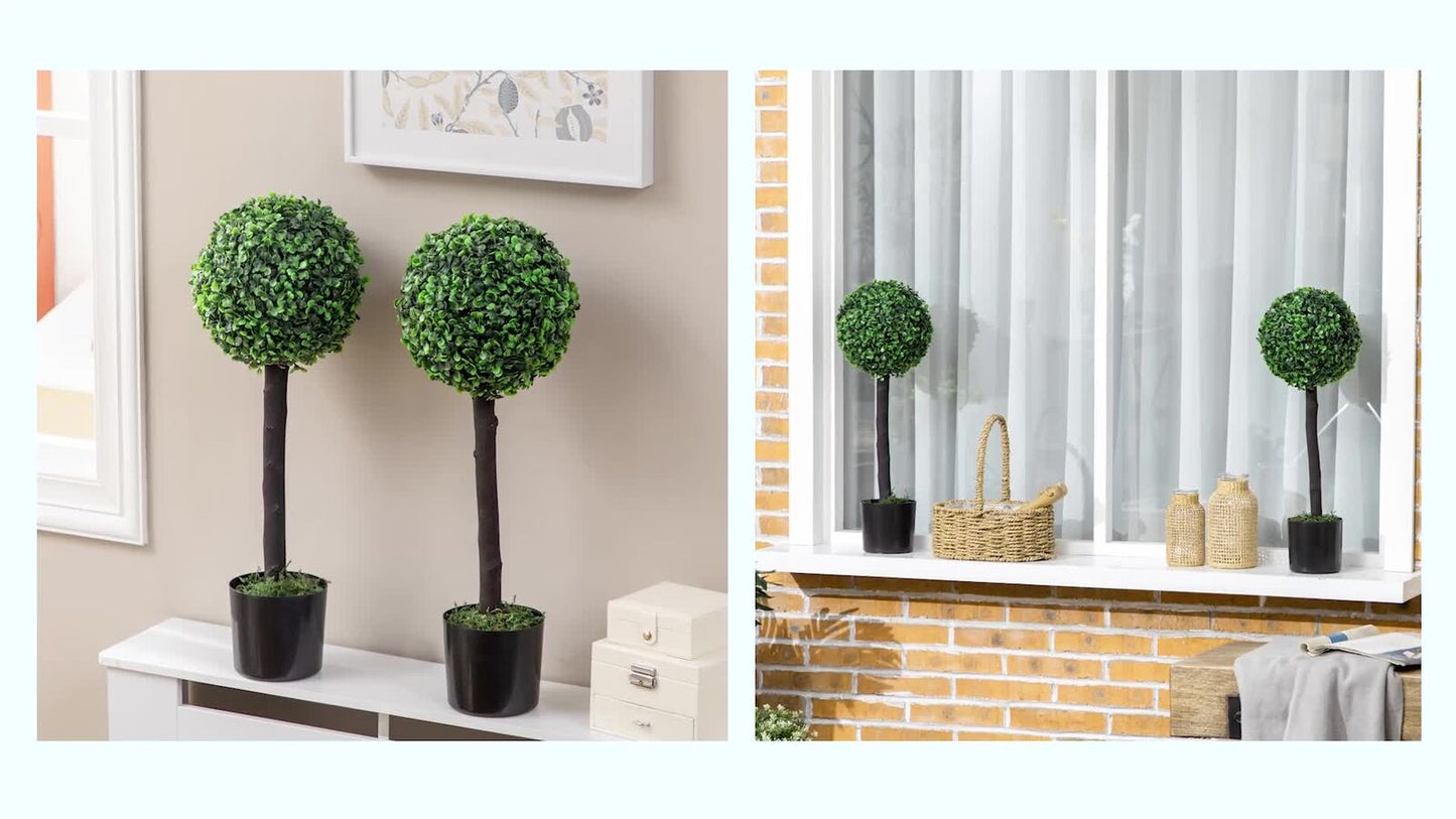 HOMCOM Set of 2 Potted Artificial Plants Boxwood Ball Trees Indoor Outdoor, 60Cm