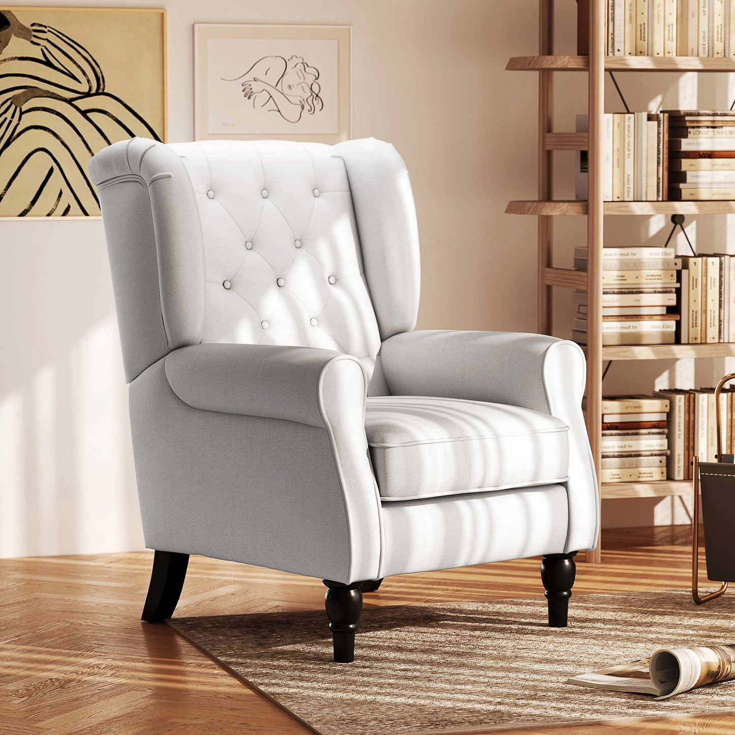 Retro Accent Chair Wingback Armchair with Wood Frame for Living Room