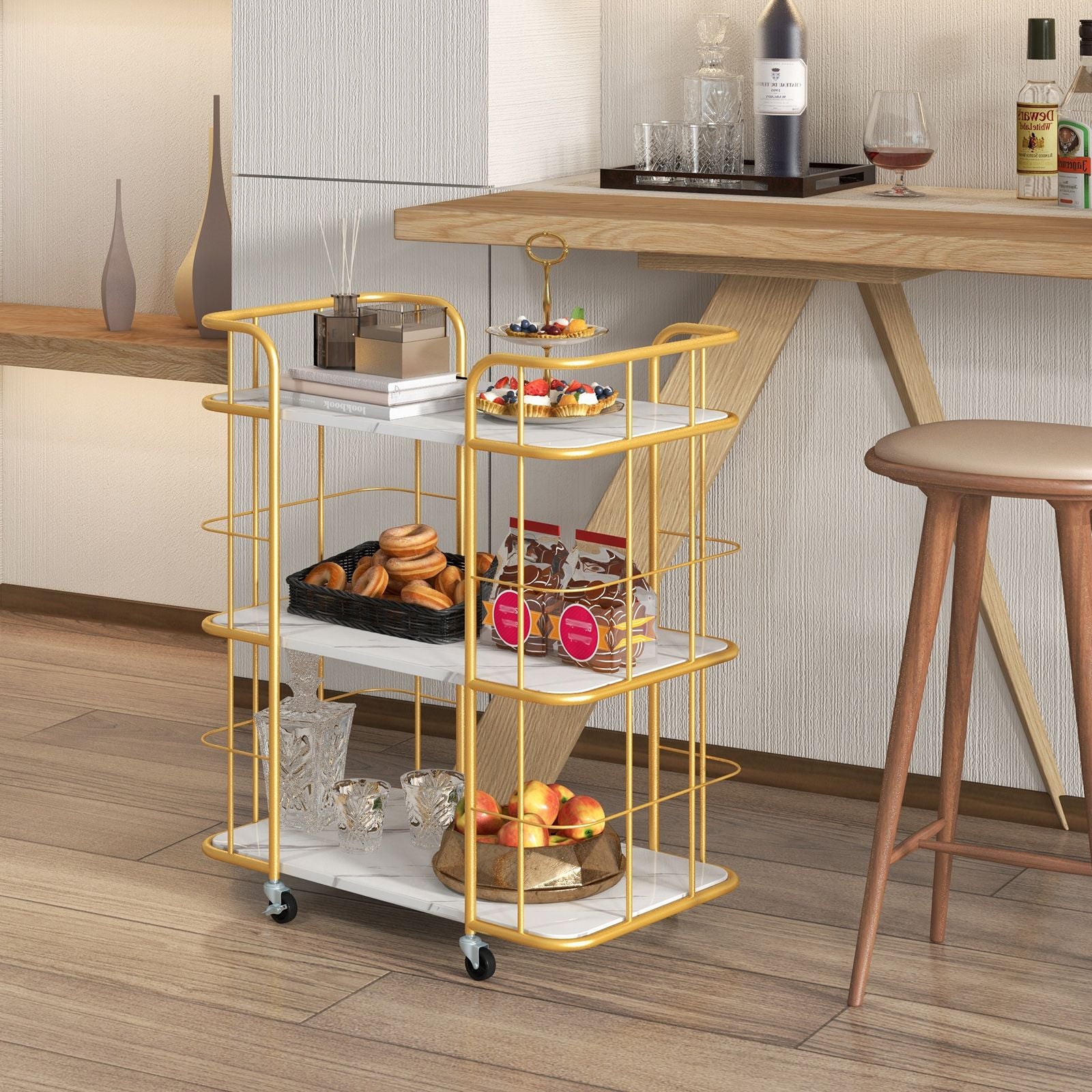 3-Tier Rolling Buffet Serving Cart with Lockable Wheels and Handles