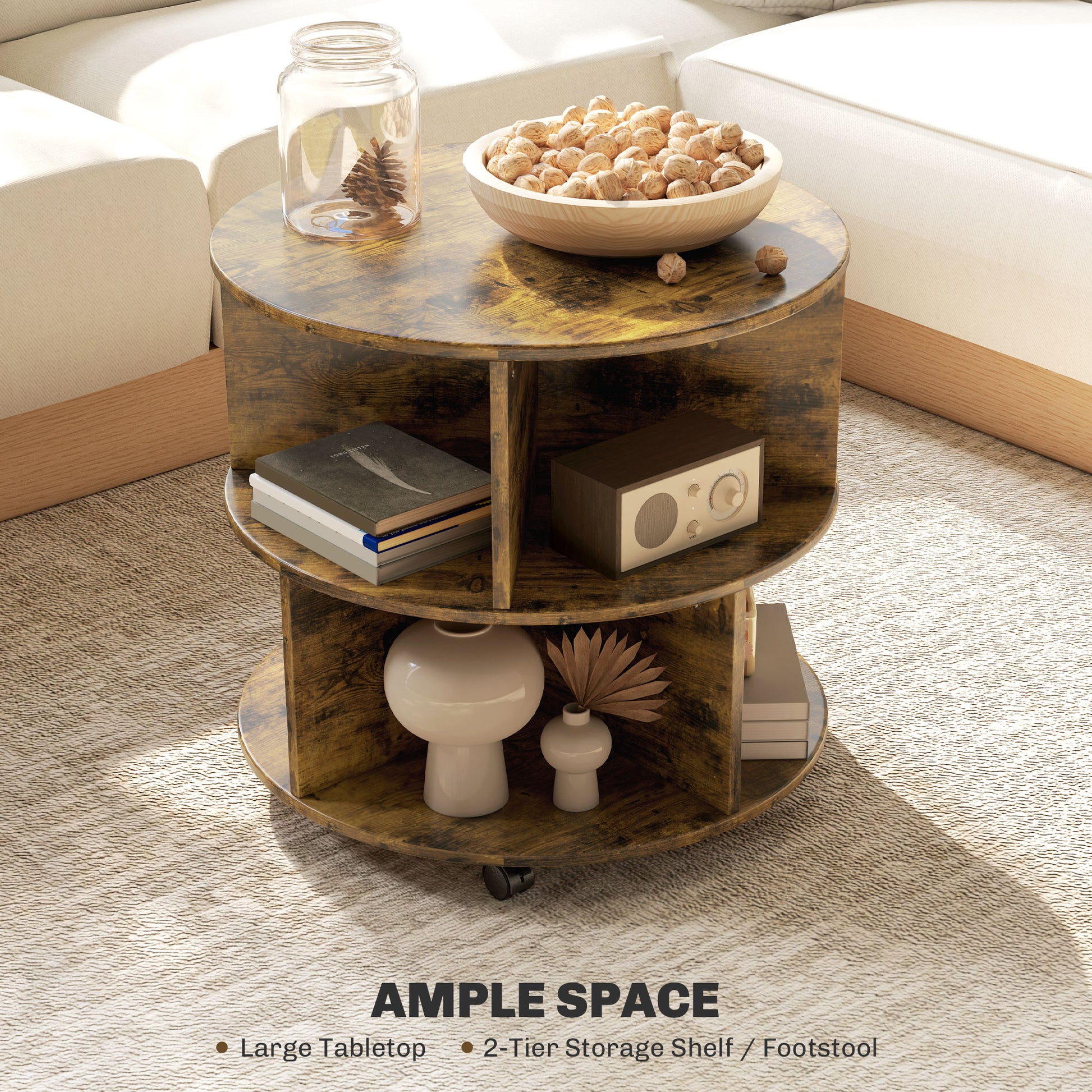 3 Tier round Coffee Table with Storage Shelves for Living Room