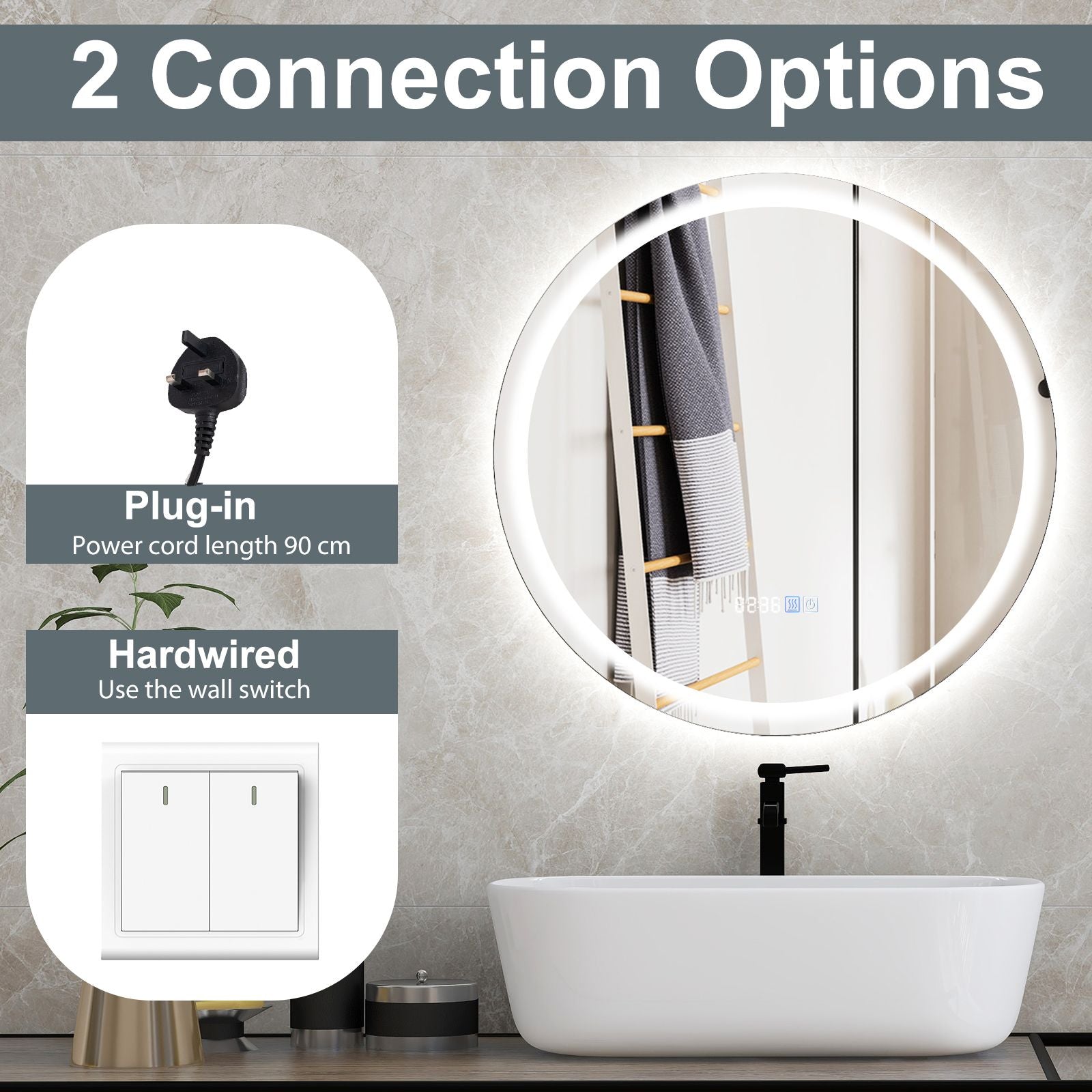 LED Bathroom Mirror with 3-Color Dimmable Lights, Time and Temp Display