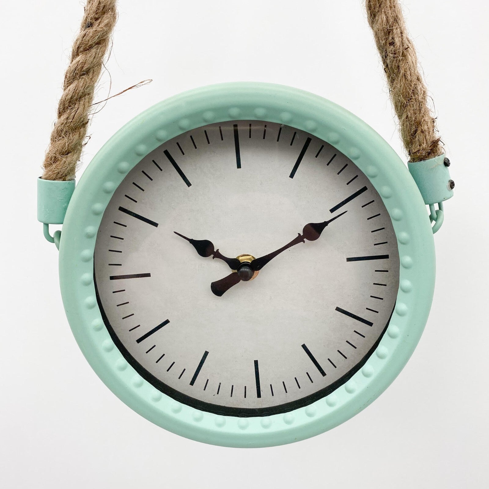 34Cm Rustic Hanging Wall Clock – Pale Green Finish with Rope for Factory Décor