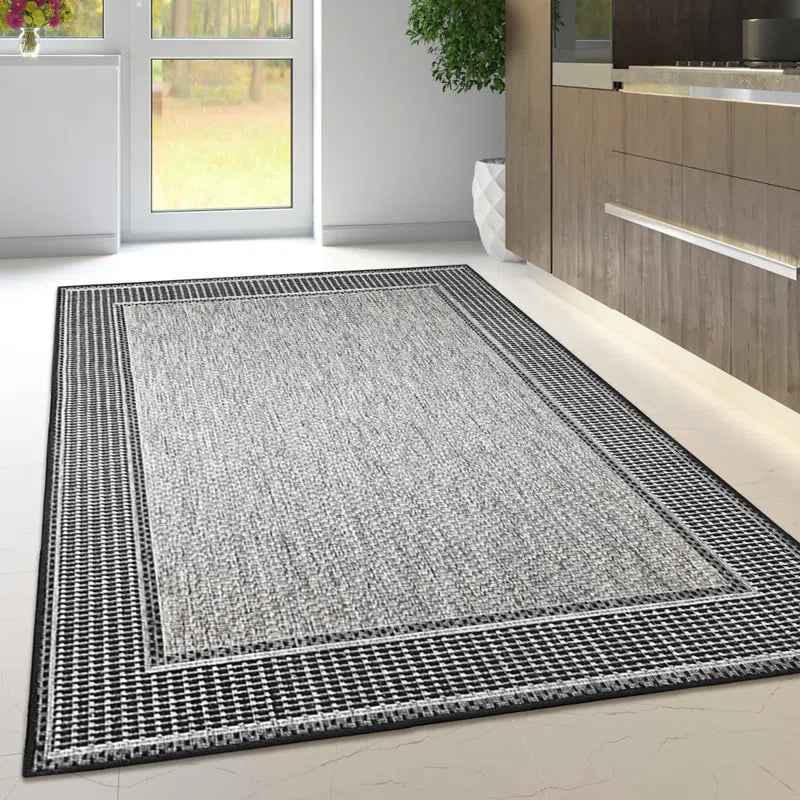 Non Slip Border Grey Rug Flat Weave Kitchen Living Room Carpet