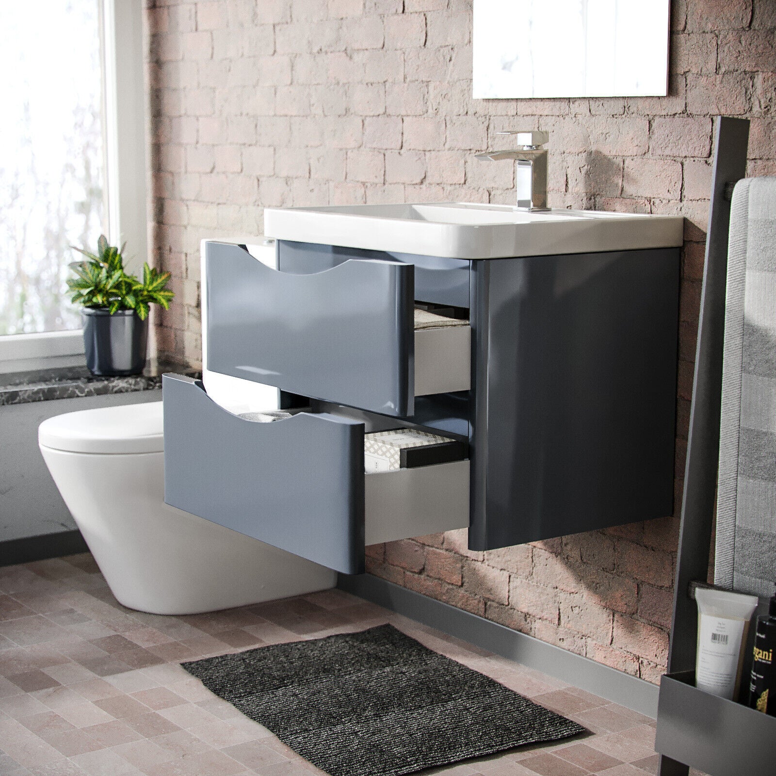 Merton Grey Basin Wall Hung Vanity Cabinet & Rimless Close Coupled Toilet