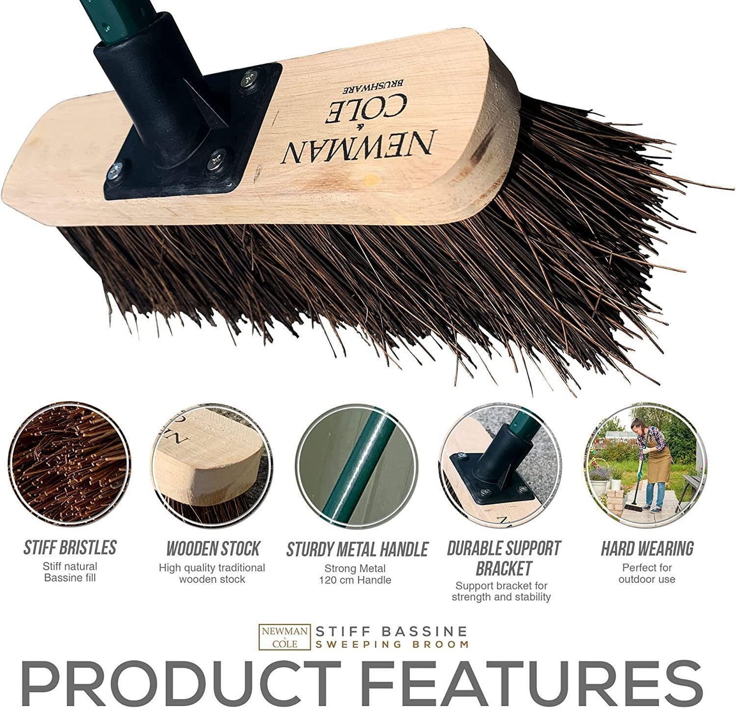 Outdoor Garden Broom Head with Handle Stiff Bassine Brush Yard Sweeping Bristle