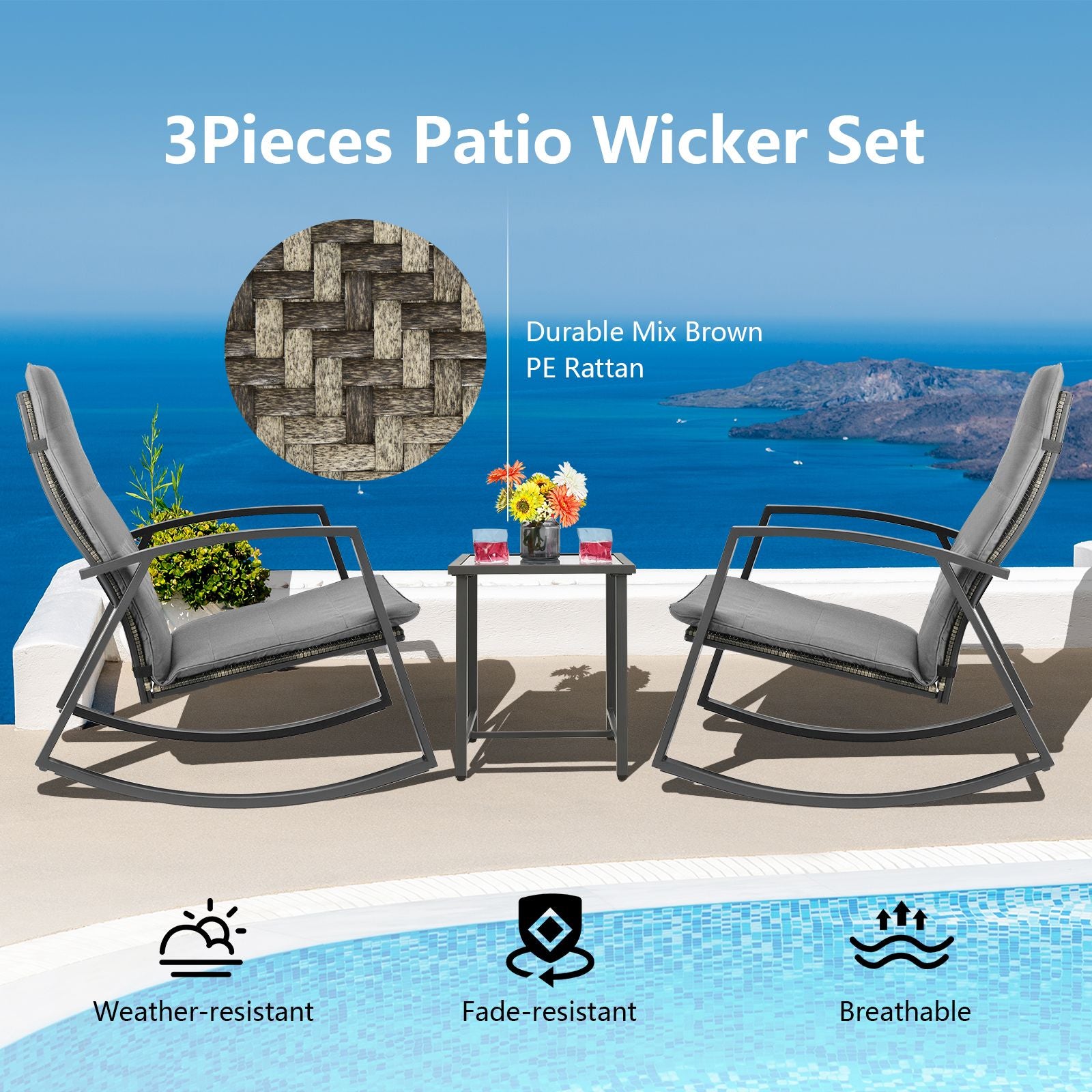 PE Rattan Rocking Chairs with Tempered Glass Side Table