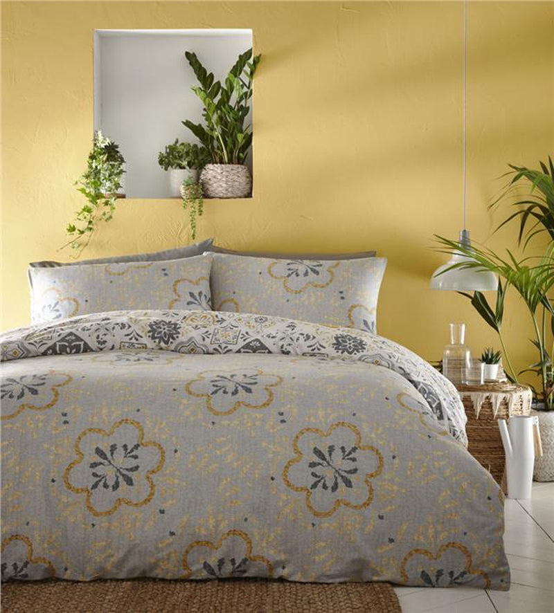 Ethnic Duvet Sets Ochre Yellow & Grey Moroccan Tile Pattern Duvet Cover Bedding