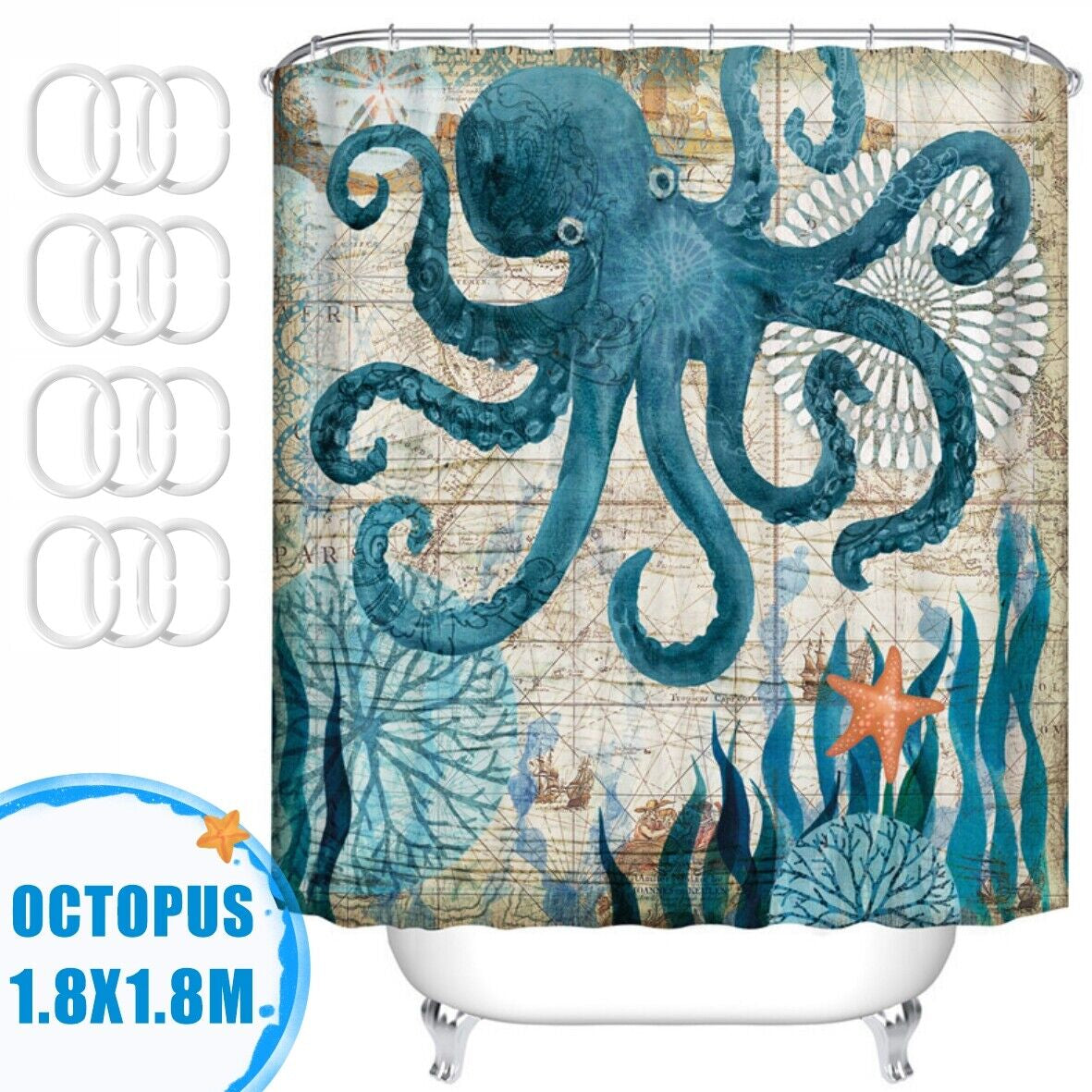Waterproof Polyester Fabric Bathroom Shower Curtain with Ring Hooks 180 X 180 Cm