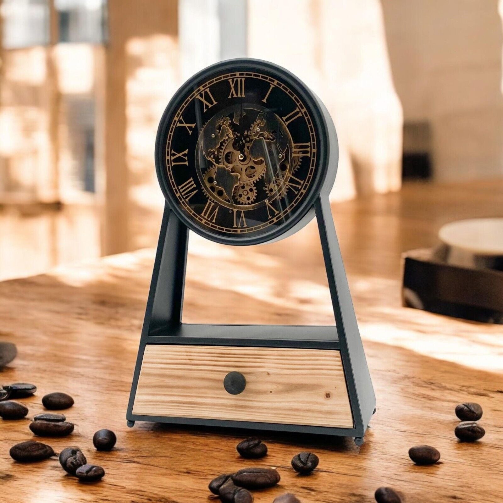 Mantel Gear Clock Moving Gears Drawer Silent Sweep Clock round Black and Gold