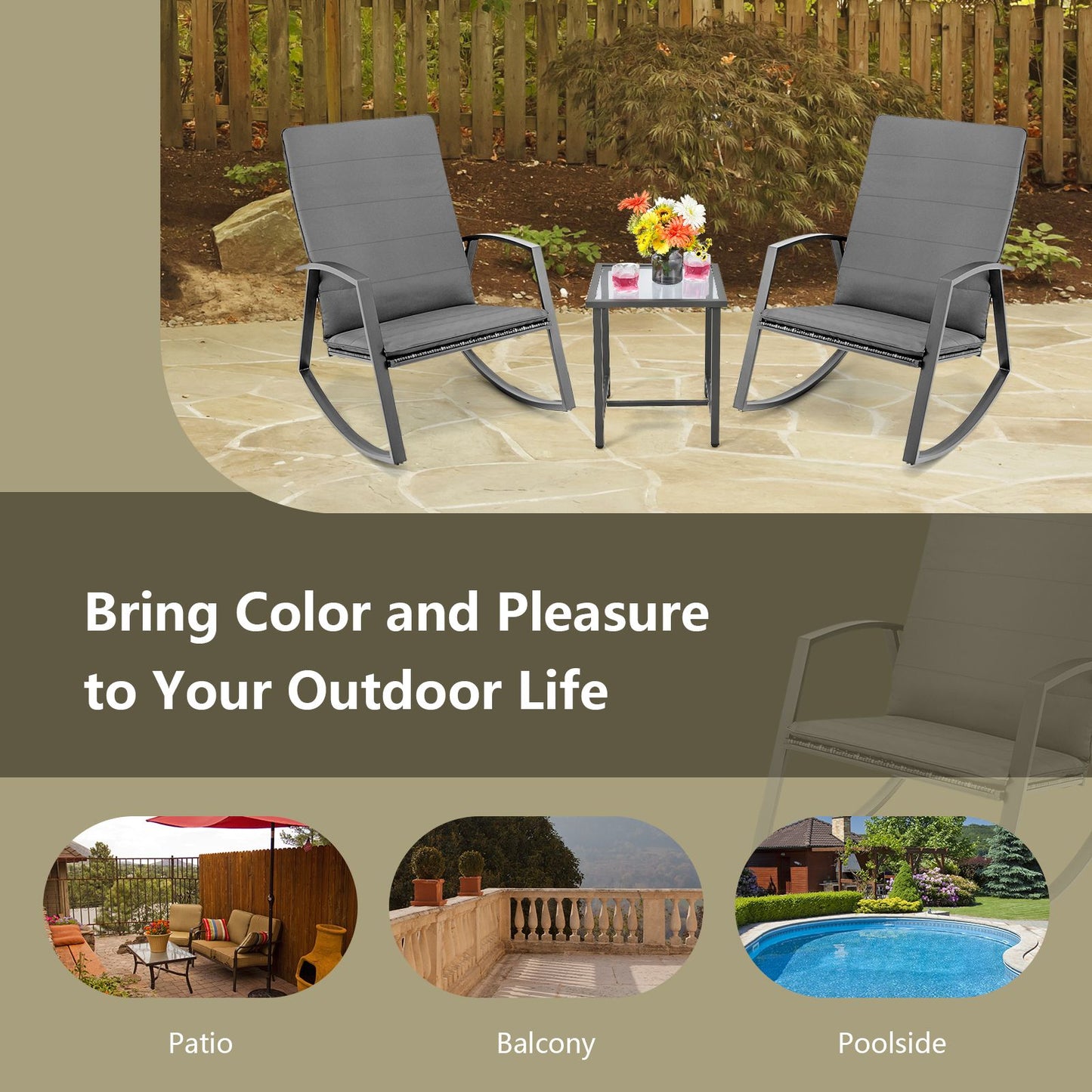 PE Rattan Rocking Chairs with Tempered Glass Side Table