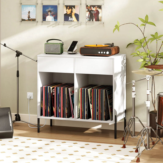 Record Player Stand with Power Outlets and Drawers for Living Room