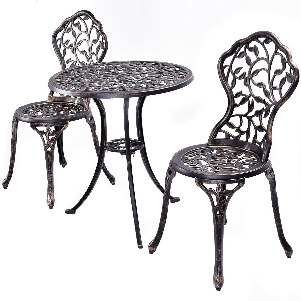 3-Piece Outdoor Bistro Set with Rust-Resistant Cast Aluminum and Leaf Design