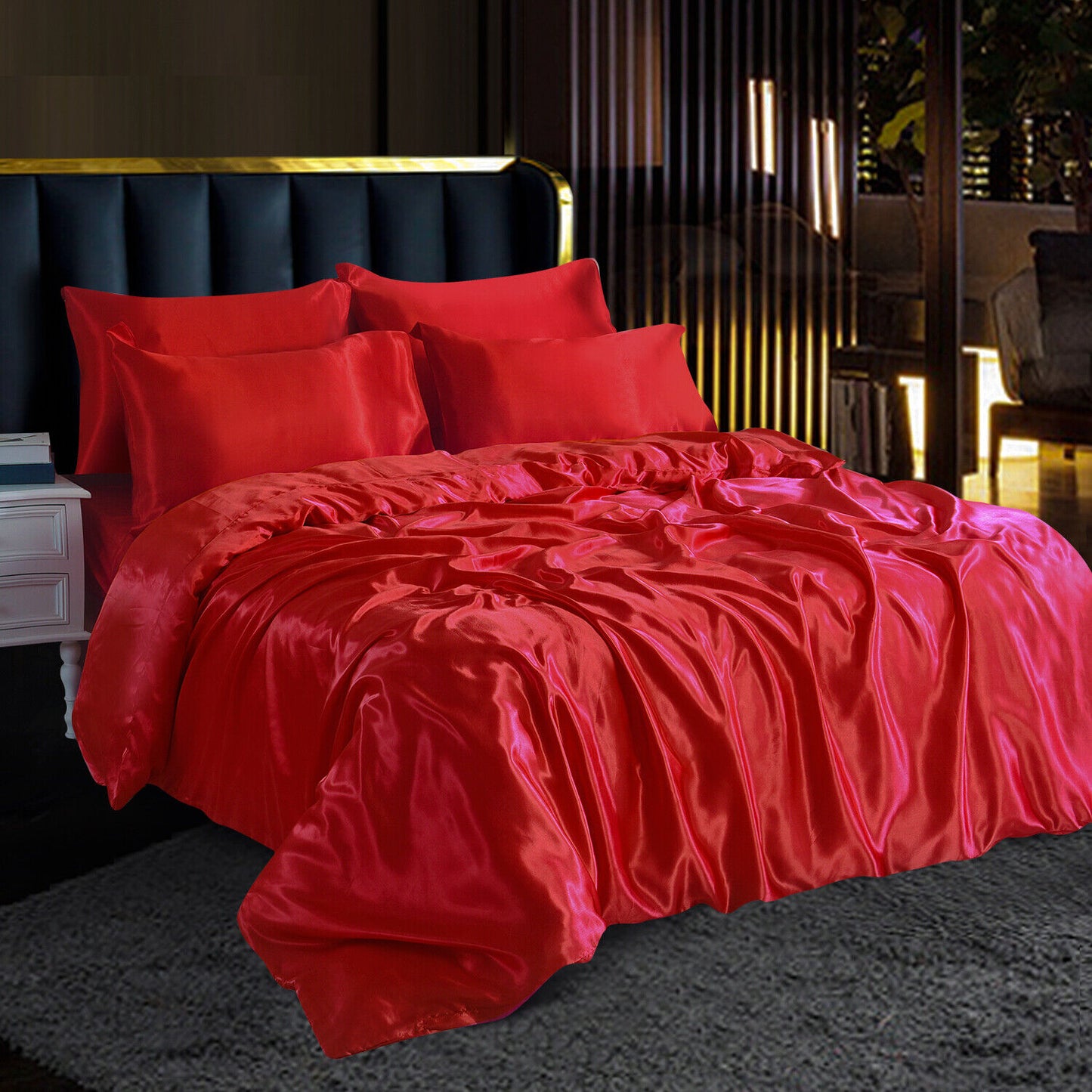 ROOEE 6PCS Satin Silk Complete Bedding Set Fitted Sheet Duvet Cover Pillow Cases