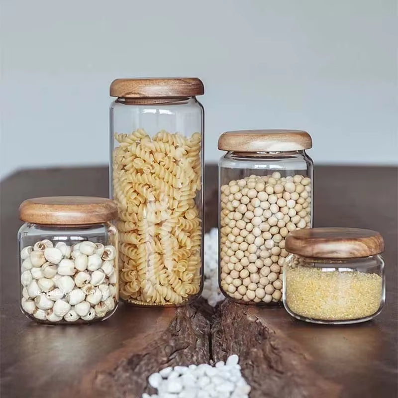 Transparent Food Storage Container Jar Acacia Wood round Tea Jar Dried Fruit Snacks Kitchen Glass Sealed Storage Jar