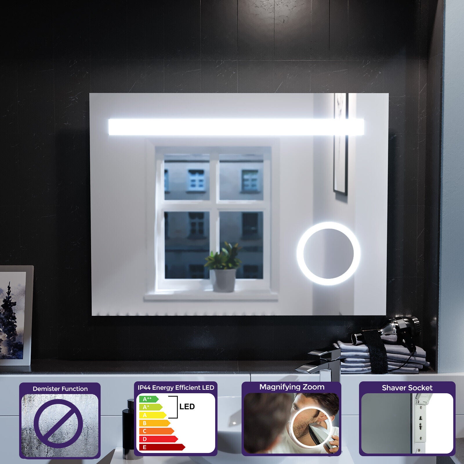 Nes Home Rectangle Illuminated LED 800Mm X 600Mm Bathroom Mirror Demister