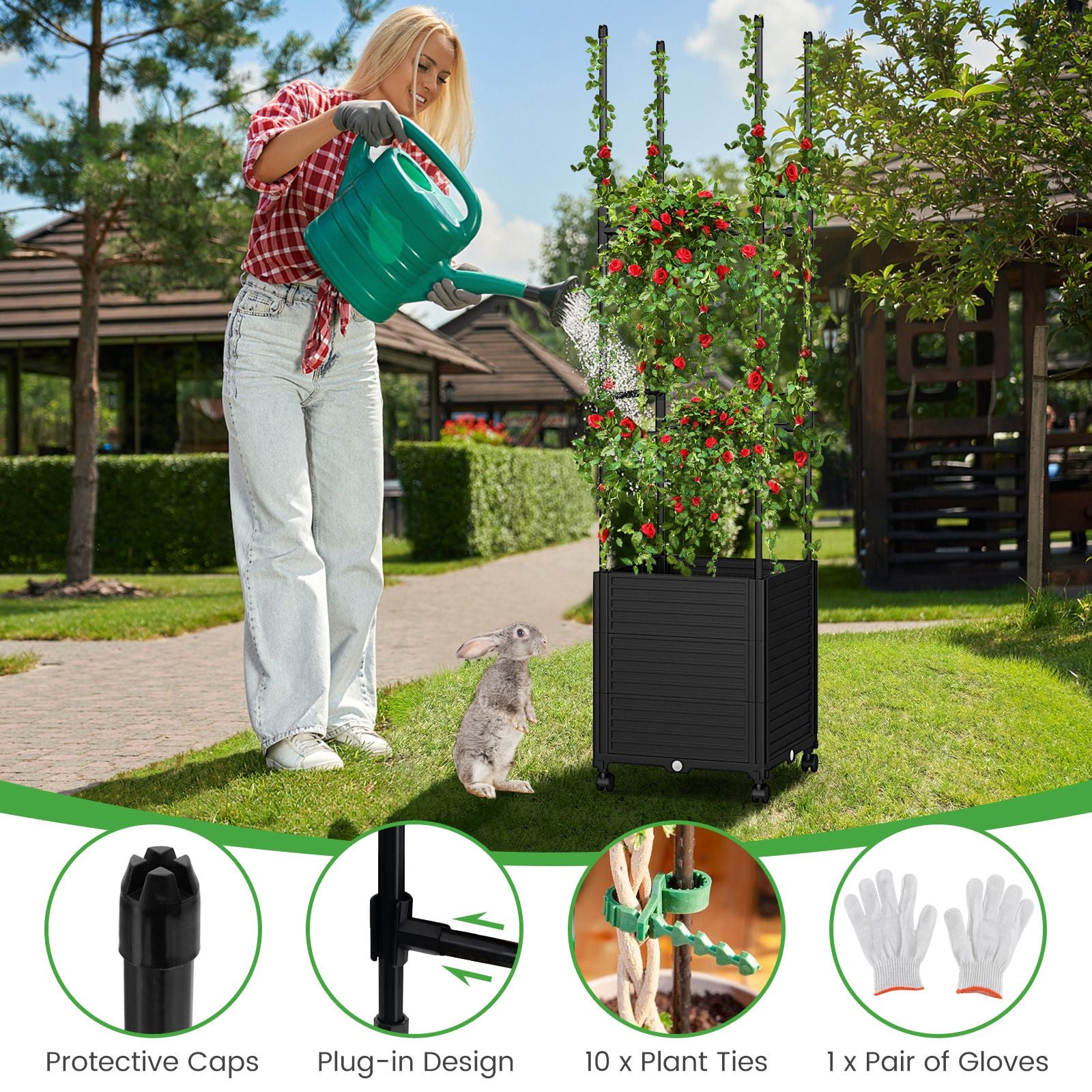 219 Cm Raised Garden Bed with Trellis and Wheels for Climbing Plants