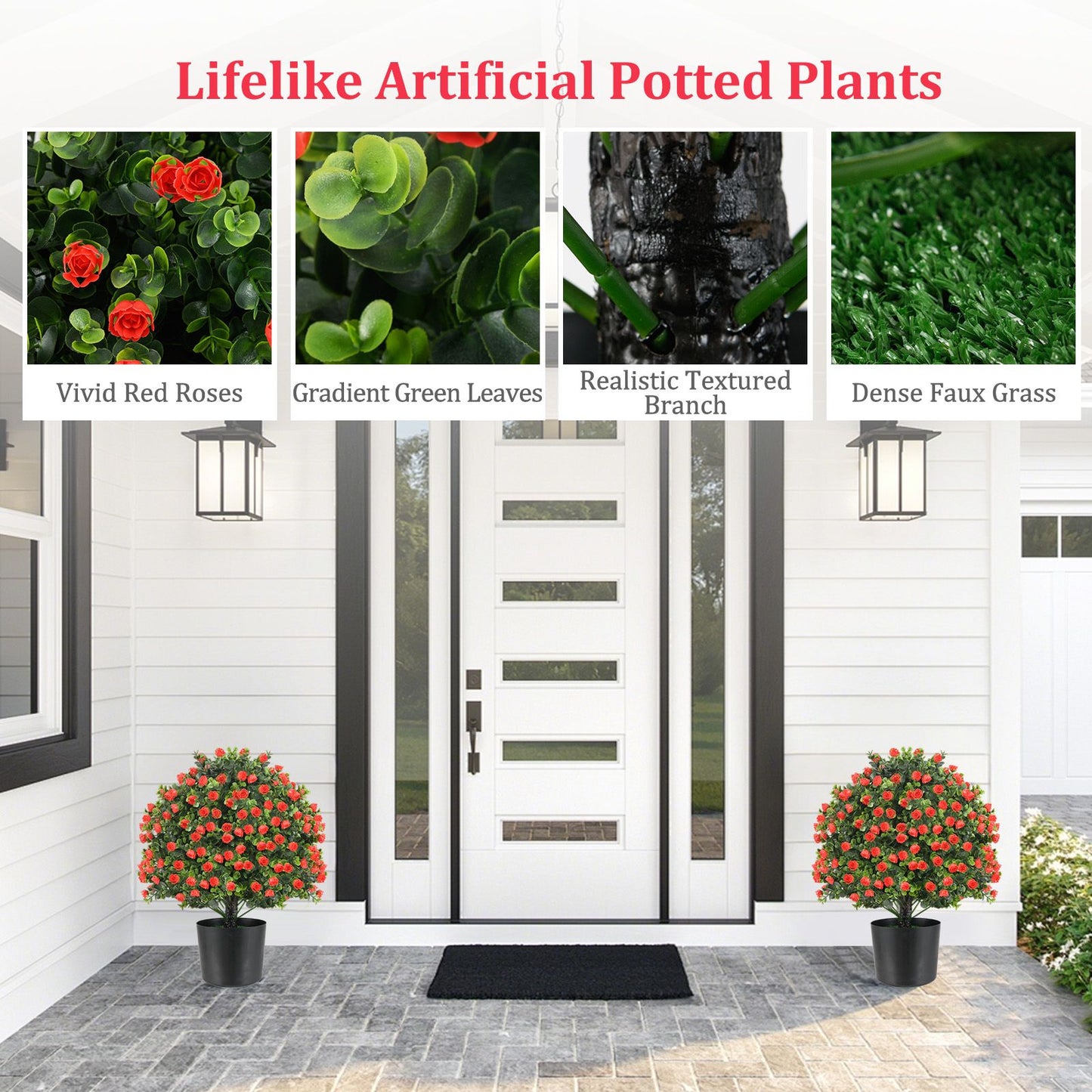 2 Pack Artificial Rose Topiary Ball Tree Faux Shrub Bushes