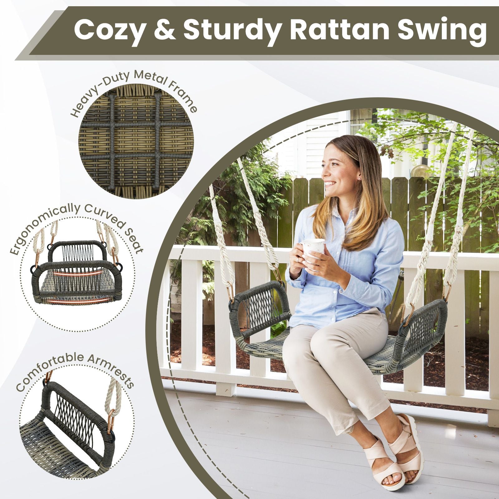 Patio Backless Rattan Swing Bench with Hanging Ropes