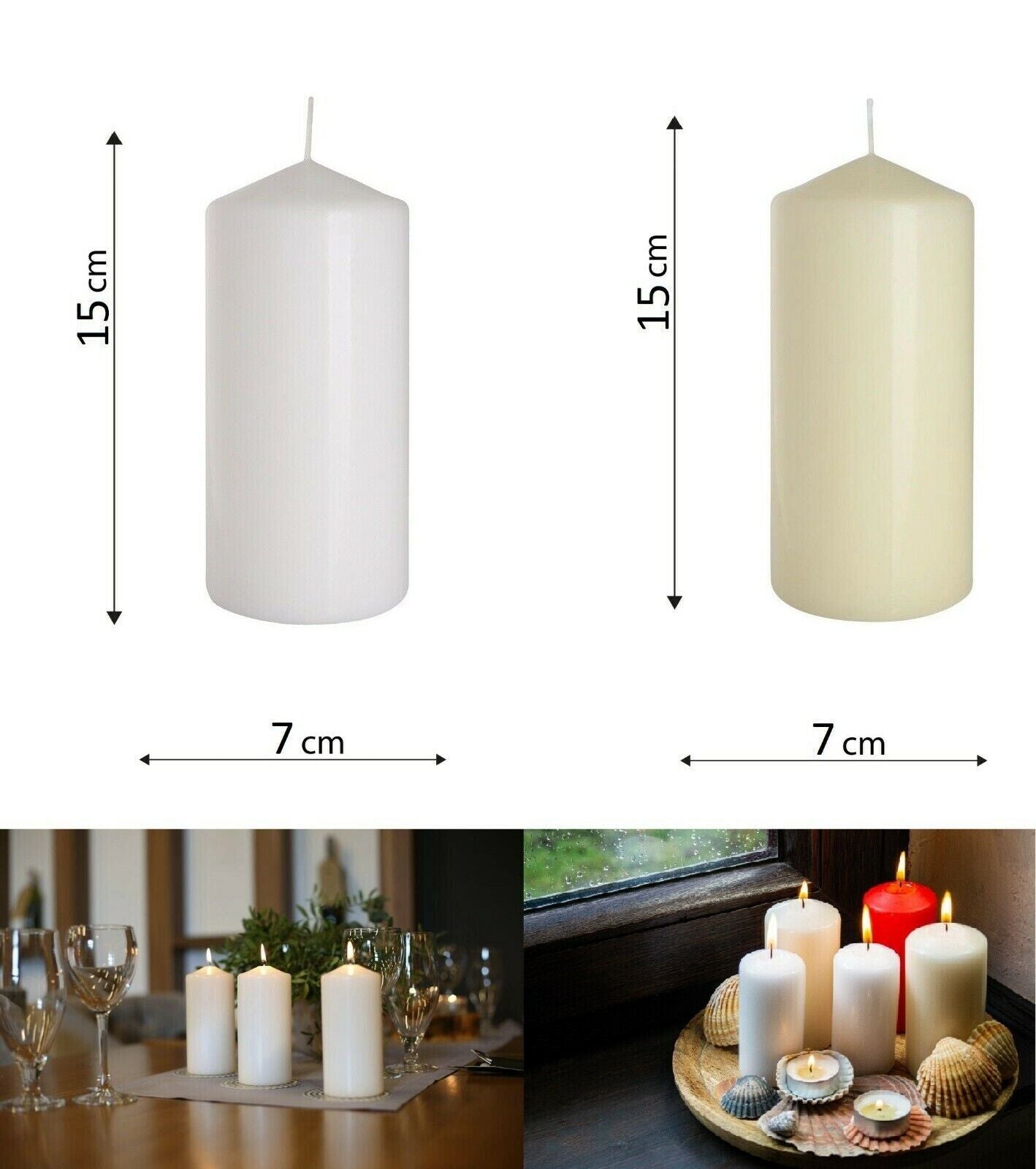 Set of 6 Church Large Pillar Candles 66 Hours Burning Time Ivory White 7Cm/15Cm