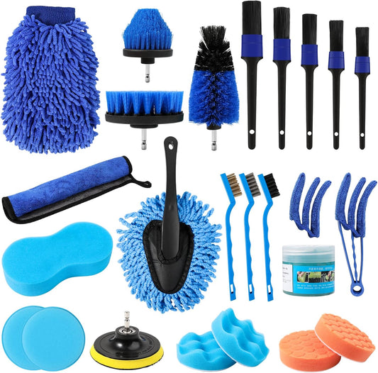 25PCS Car Detailing Brush Kit, Cleaning Detail Brushes Set with Car Dash Duster Brush, Car Cleaning Supplies Interior Exterior Brushes Kit (Wash Mitt, Towels, Polishing Pads, Cleaning Gel and Sponge)