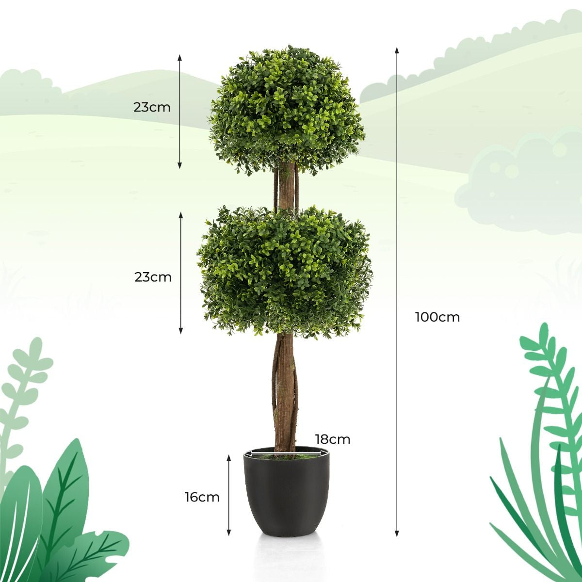 100 CM Artificial Boxwood Topiary Ball Tree with Cement-Filled Plastic Pot
