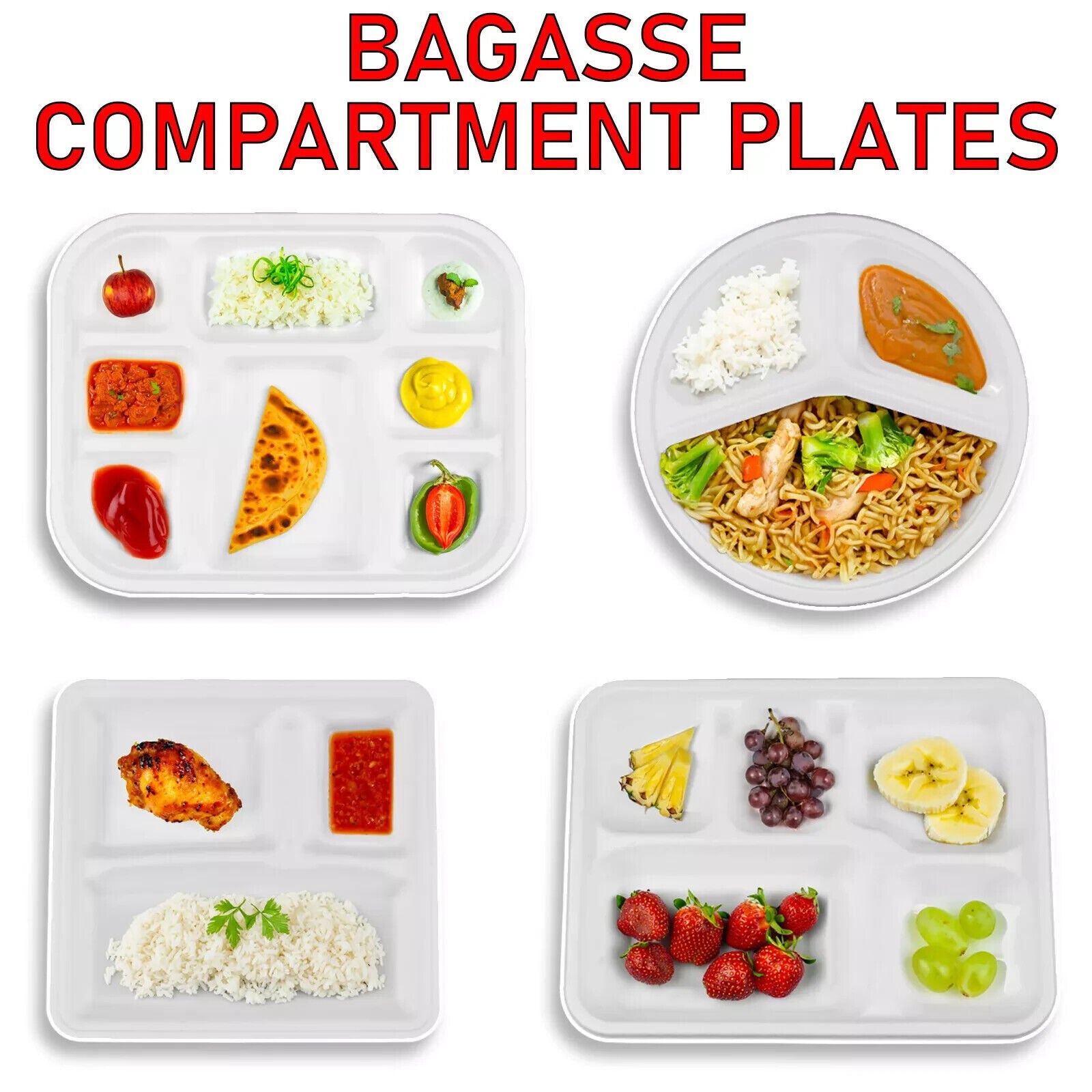Bagasse Disposable Compartment Plates Biodegradable Paper Plates Eco Friendly UK