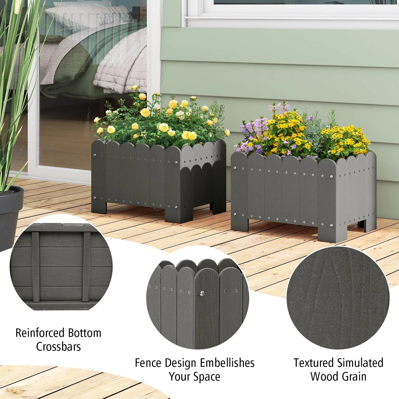 2 Pack Rectangular Planter Box HDPE Flower Pot with Drainage Gaps