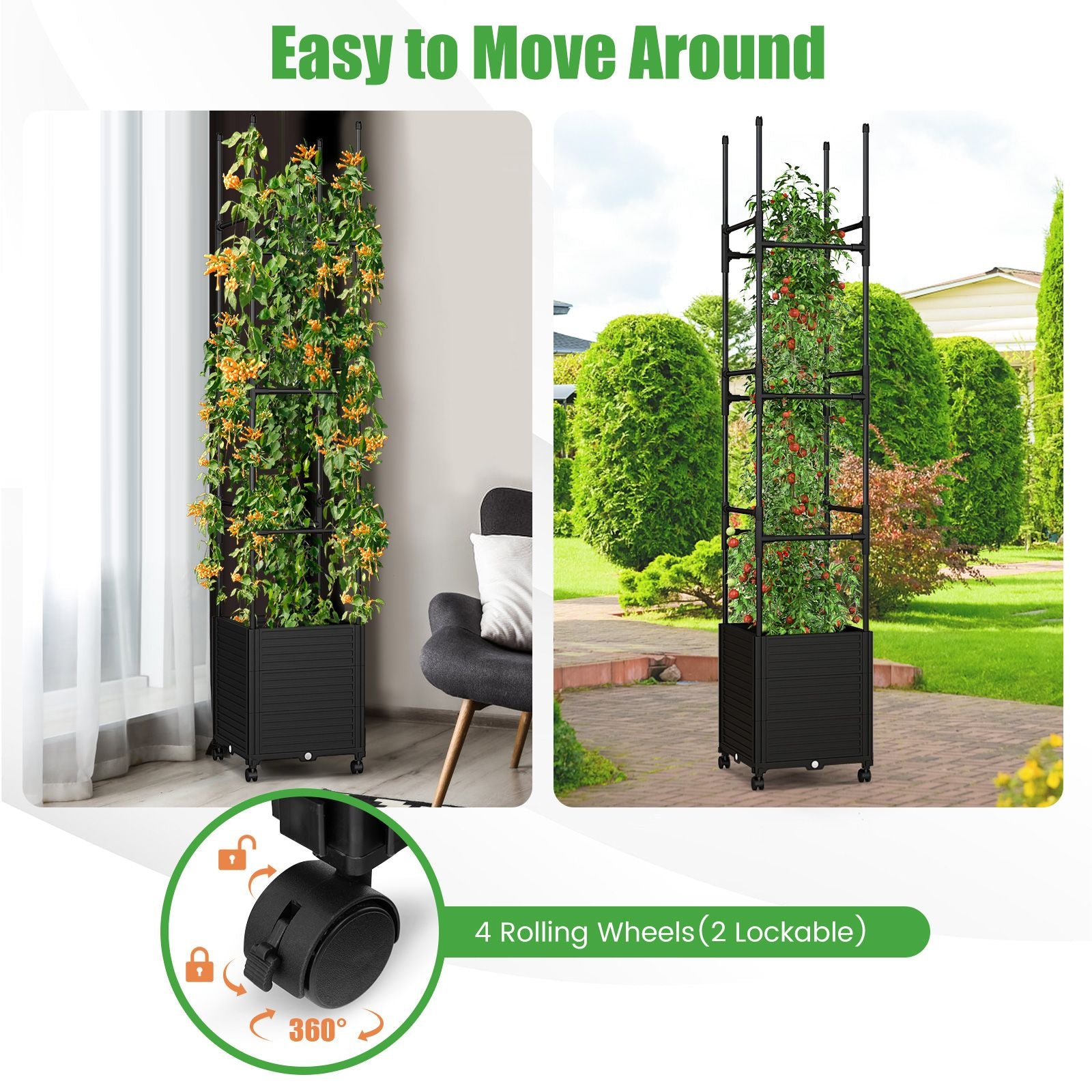 219 Cm Raised Garden Bed with Trellis and Wheels for Climbing Plants