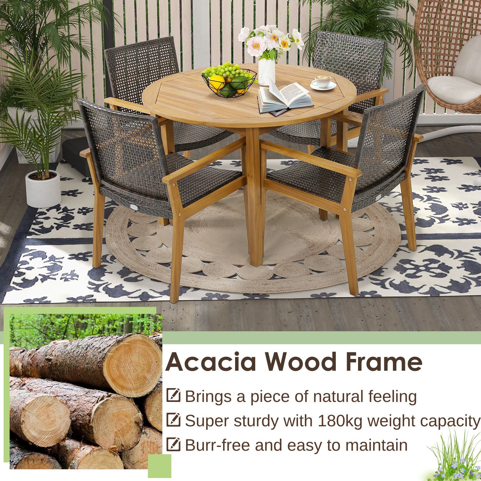 Outdoor Acacia Wood and PE Wicker Chairs with Armrests