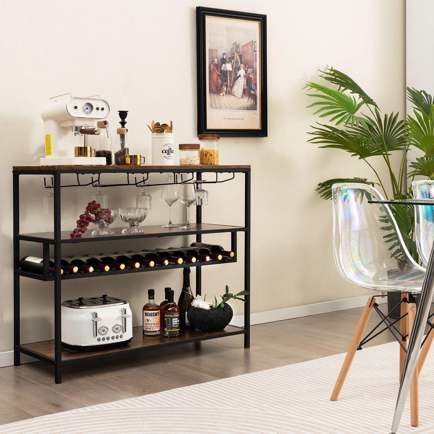 Industrial Bar Cabinet with Wine Rack & 4 Rows of Glass Holders