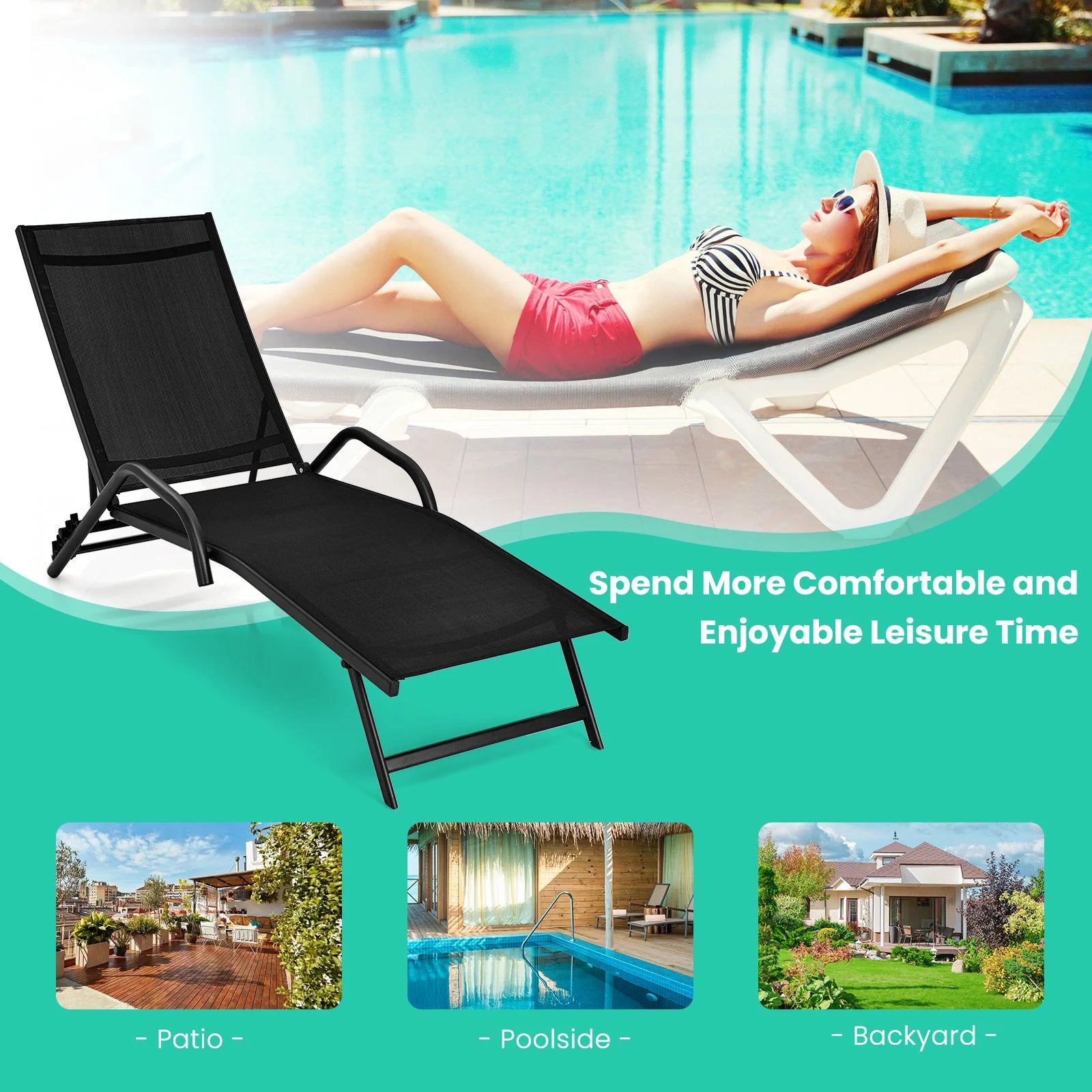 Set of 2 Outdoor Chaise Lounge Chairs with Breathable Seat