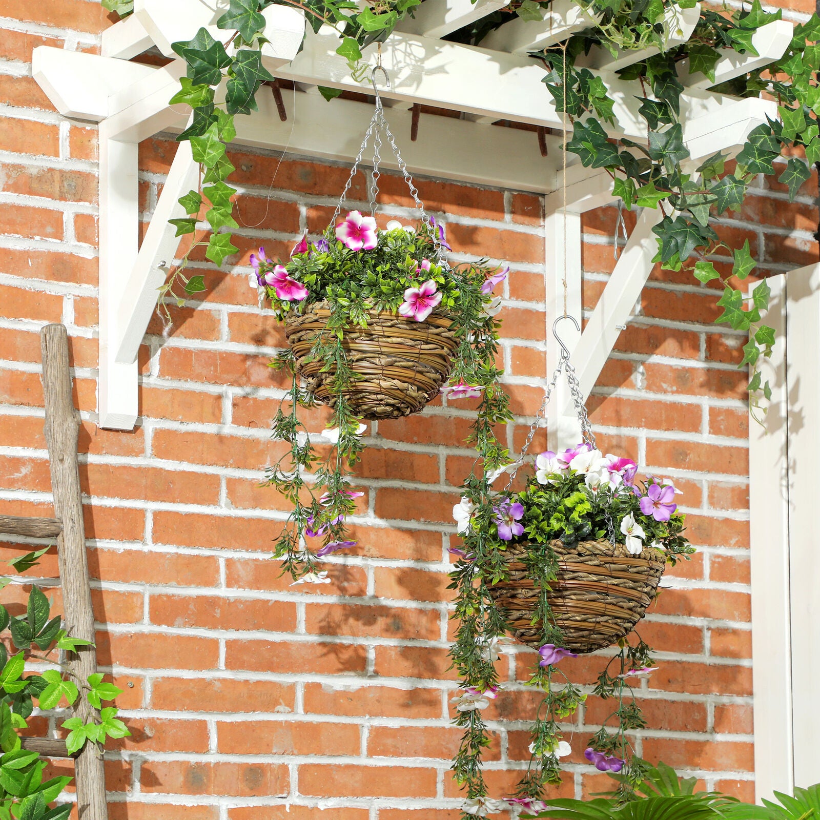 HOMCOM Set of 2 Artificial Plants, Azalea Flowers in Basket