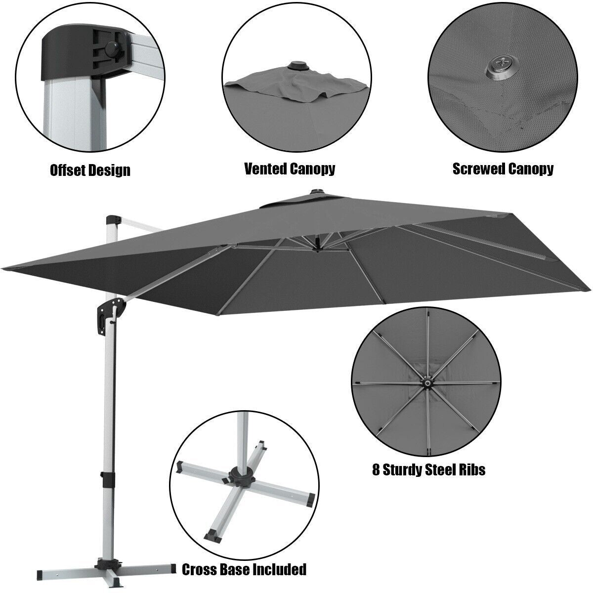 3M Cantilever Garden Parasol with Tilted Design and 360° Rotation