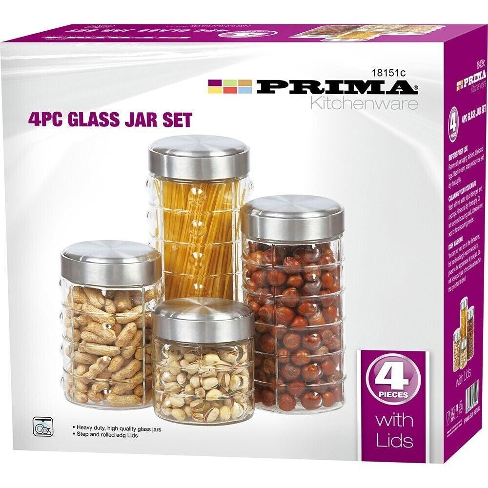 4 Piece Glass Jar Set Cereal Pasta Sweet & Nuts Food Kitchen Storage Canisters