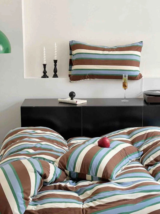 Retro Earthy Tone Stripe Queen Duvet Cover Set with Pillowcases, 100% Cotton