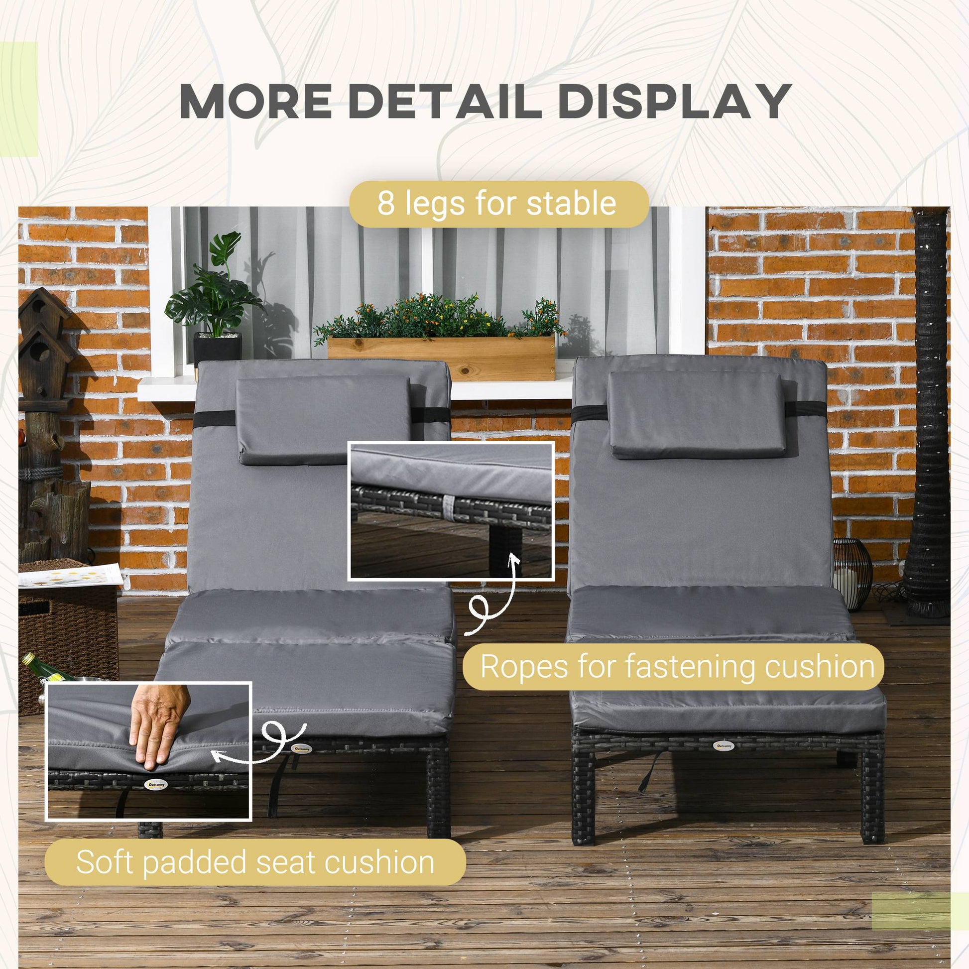 Rattan Sun Loungers Set of 2 W/ 5-Level Adjustable Backrest Headrest