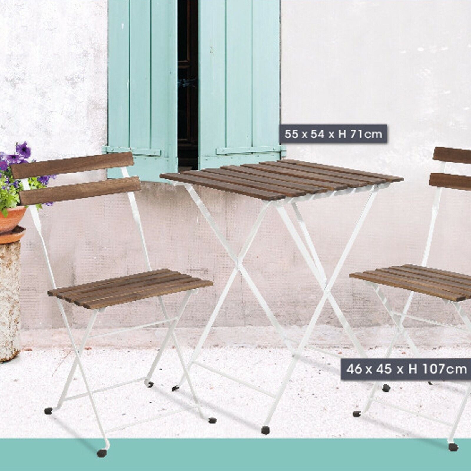 3Pcs Outdoor Garden Wooden & Metal Furniture Foldable Table & Chairs Bistro Set