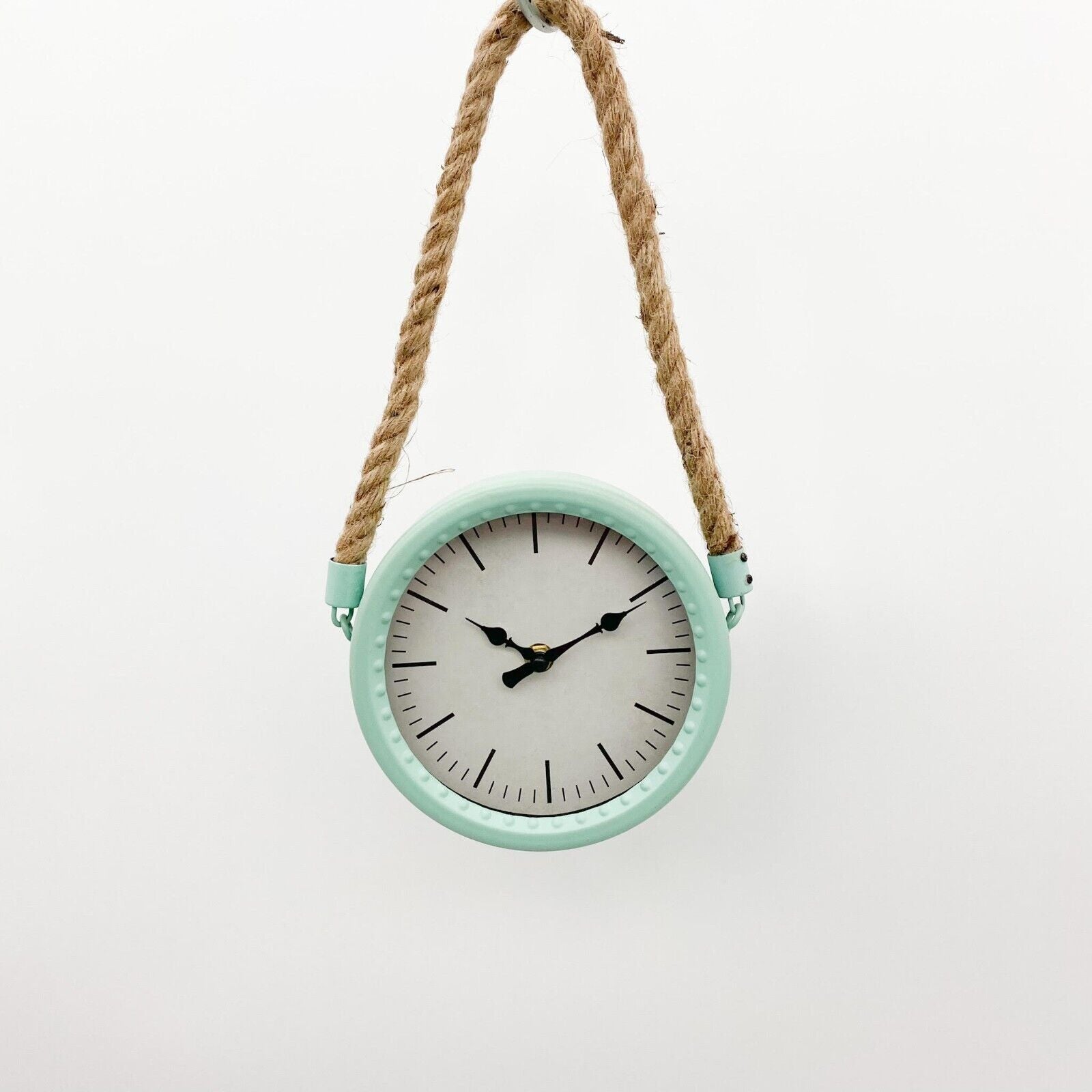 34Cm Rustic Hanging Wall Clock – Pale Green Finish with Rope for Factory Décor