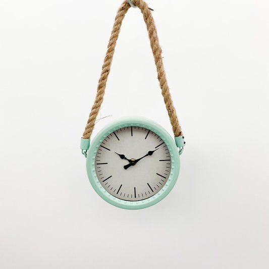 34Cm Rustic Hanging Wall Clock – Pale Green Finish with Rope for Factory Décor