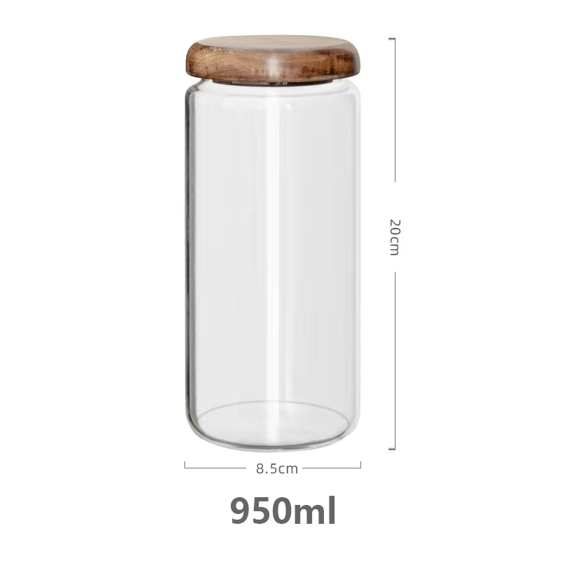Transparent Food Storage Container Jar Acacia Wood round Tea Jar Dried Fruit Snacks Kitchen Glass Sealed Storage Jar